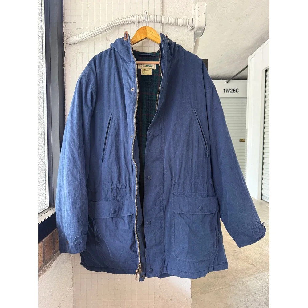 LL Bean Cotton Nylon Baxter State Parka XL Navy Blue Wool Plaid Lined Vintage
